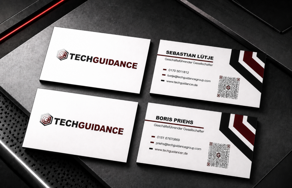 Visitenkarten für Tech Guidance mit Multilayer-Kern und QR-Code zur digitalen Visitenkarte
