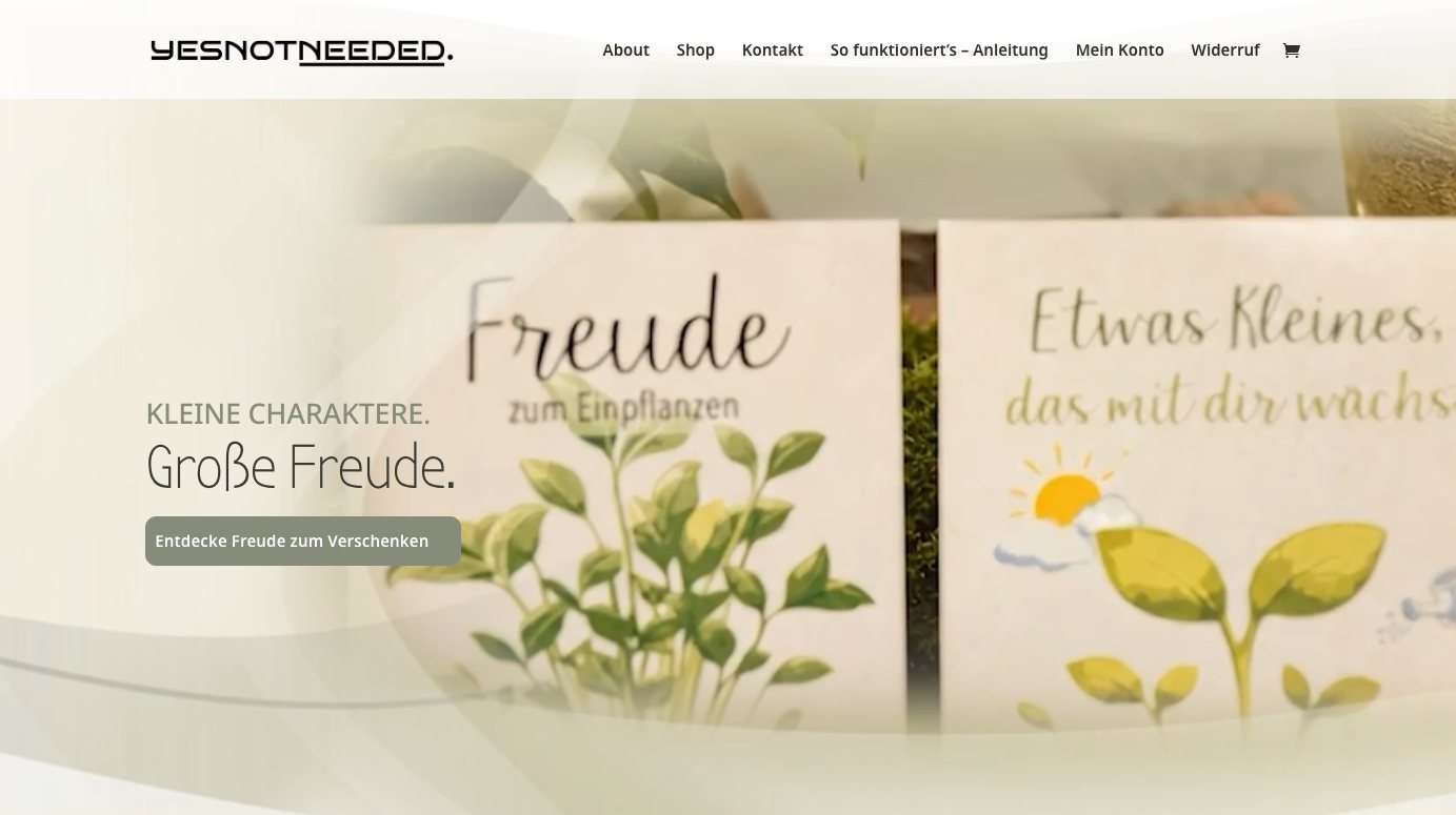 Onlineshop von yesnotneeded mit Pflanzsets und Notizbüchern, ein eigenes Produkt von paintink