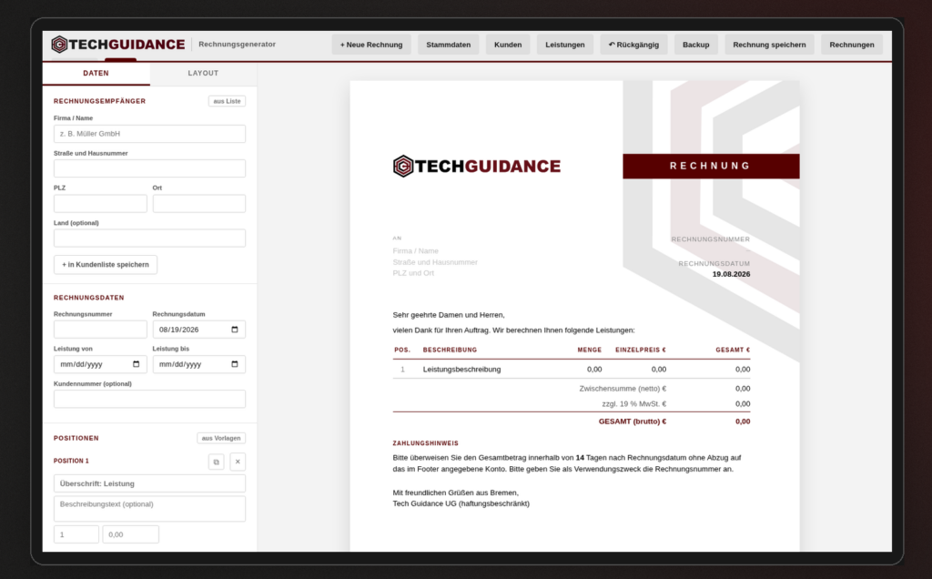 Rechnungsgenerator von Tech Guidance auf einem Bildschirm: links die Eingabemaske, rechts die fertige Rechnung im Corporate Design