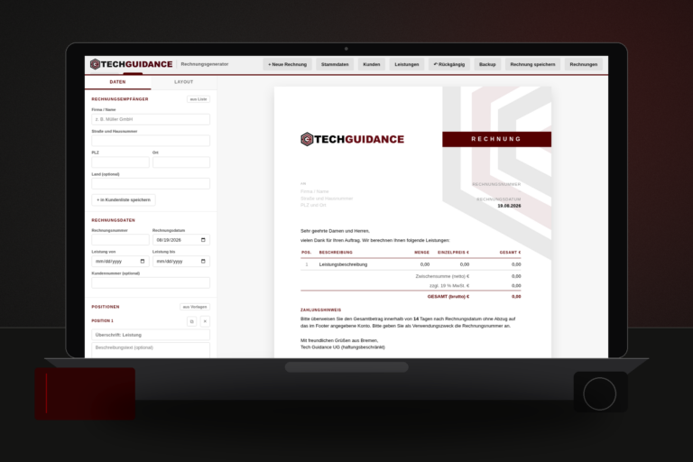 Oberfläche des für TechGuidance entwickelten Rechnungsgenerators